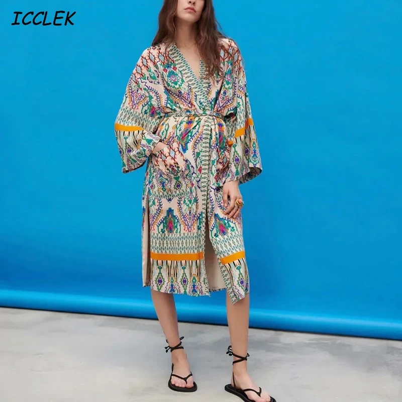 

Za Summer Women's Dress With Belt Vintage Floral Printed Maxi Long Dresses Pajamas Style Kimono Dress Spring Robe Female Vestido