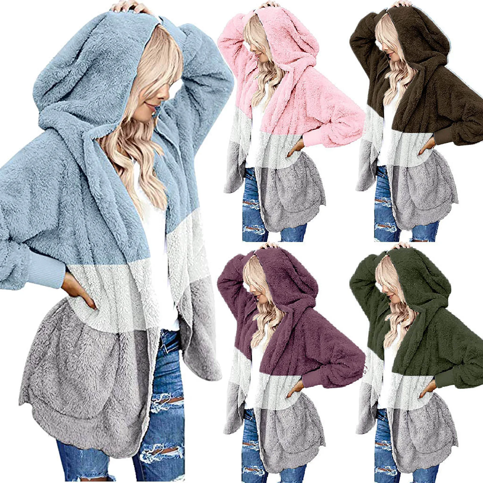

Women's Cardigan Hoodies Splicing Long Sleeve Oversize Casual Loose Cover Up Tops Autumn Winter Thick Soft Coat Female Cardigan