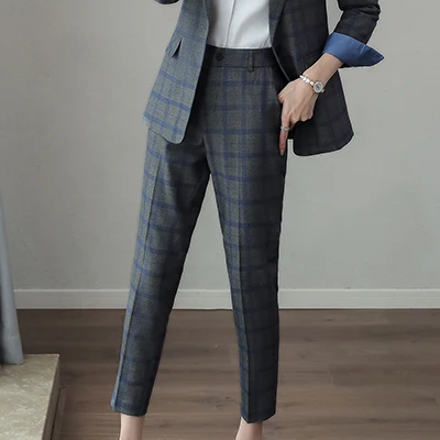 Blue Plaid Pant Новинка, повседневные женские брюки длиной до щиколотки, высокое качество, прямые брюки, средняя талия, узкие брюки, красные, синие, черные, розовые - Цвет: Blue Plaid Pant