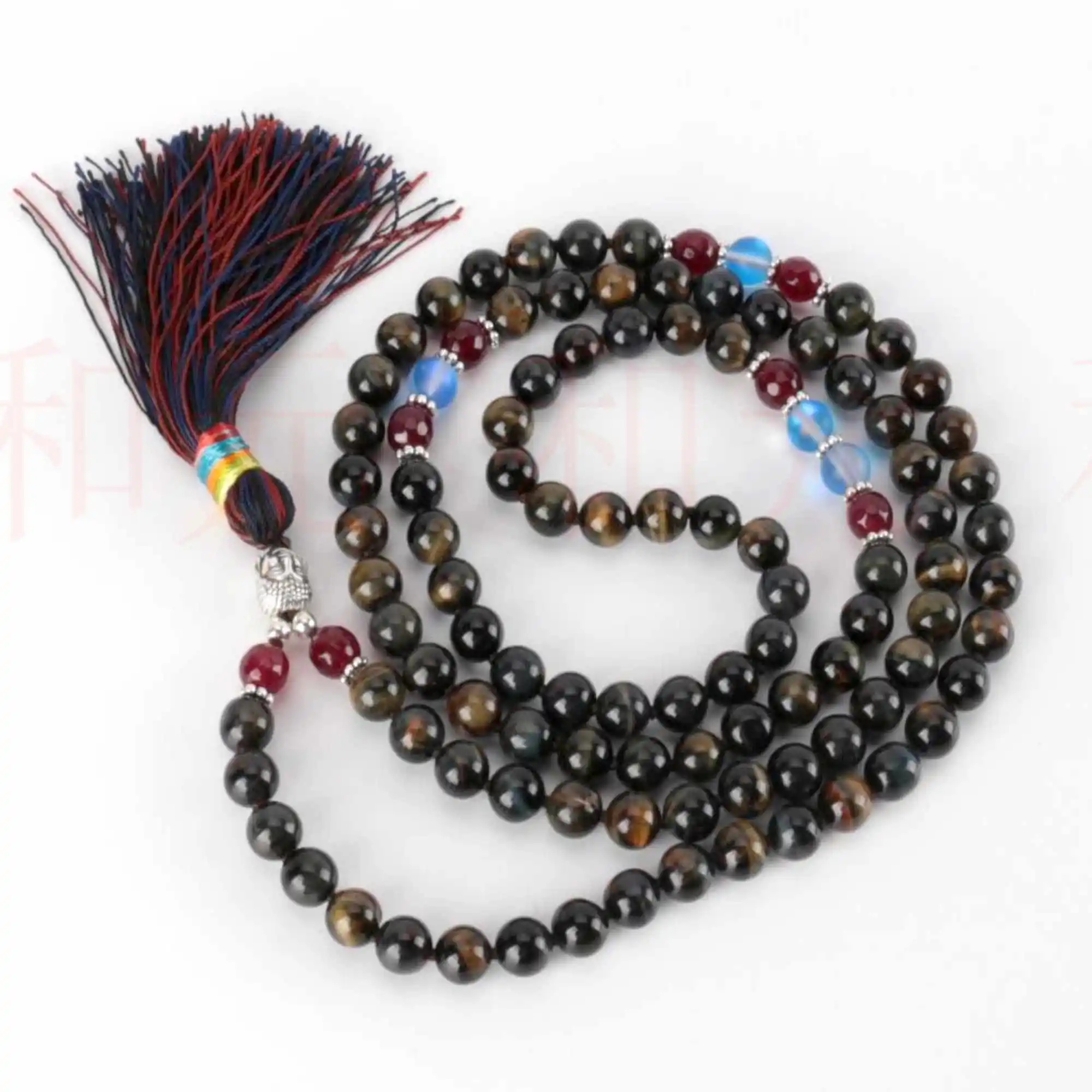

8mm 108 knot natural black agate obsidian ruby silver necklace Seven Chakras Beaded Dark Matter Meditation Classic Chic Cuff