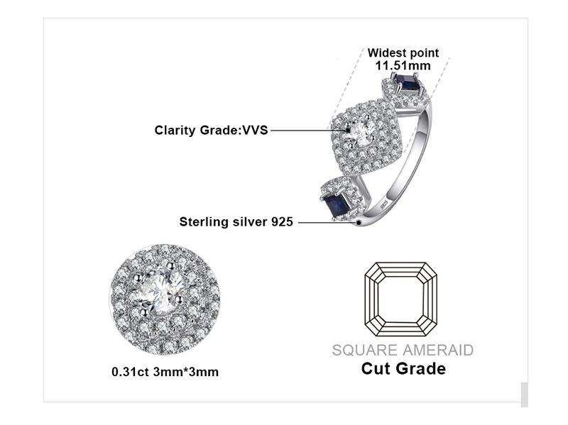 JewelryPalace красивый квадратный создан сапфир 3 Камни кольцо 925 пробы серебро свадебные украшения юбилей подарки