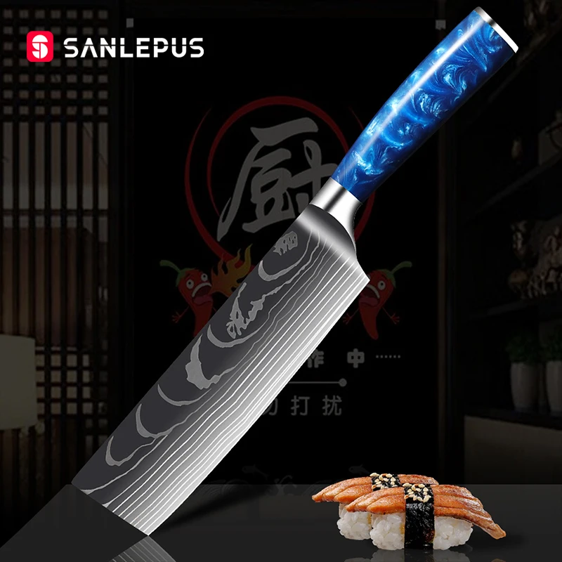

SANLEPUS 7-дюймовый кухонный нож мясницкий нож шеф-повара ножи с лазерным Дамасским узором острый японский нож сантоку нож для нарезания нож