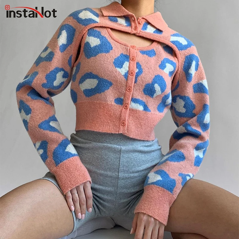 

InstaHot Korean Style Print Cardigan Casual Sweater Women Vintage Thin Cardigan Fashion Full Sleeve Autumn Button Top Mujer 2021