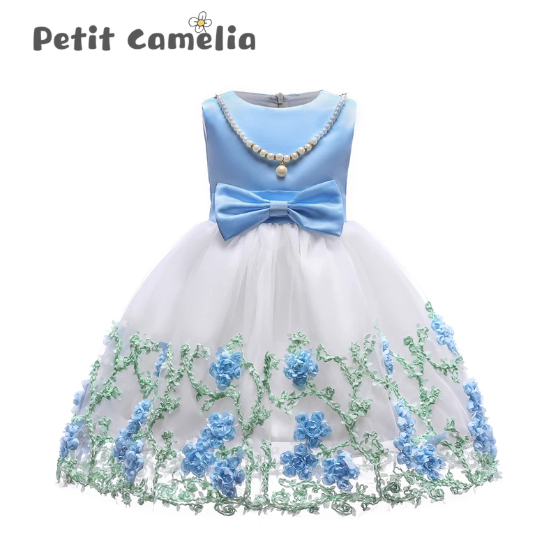Платье для девочек летнее Сетчатое газовое платье с вышивкой и бантом без
