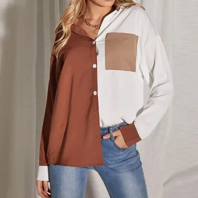 

Loose slim shirt stitching contrast pocket long-sleeved shirt