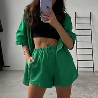 summer casual tracksuit womens shorts suits green streetwear short sleeve shirt tops loose drawstring mini shorts two piece