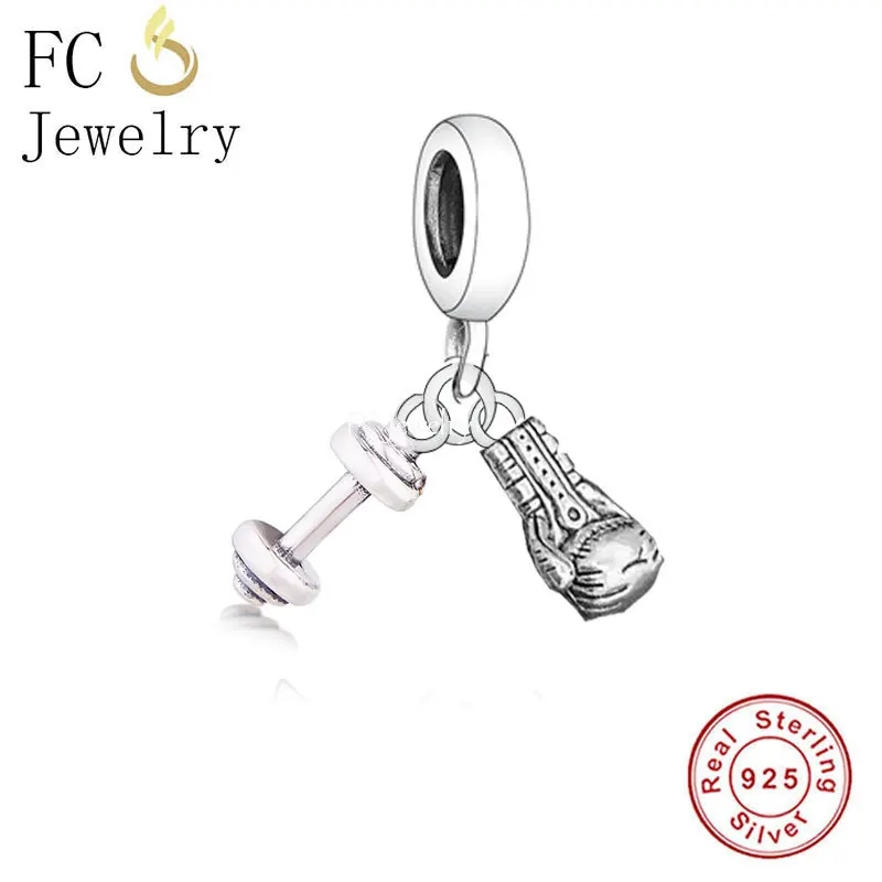 

FC Jewelry Fit Original Pandora Charm Bracelet 925 Silver Fitness Dumbbel Boxing Gloves Bead For Making Women Berloque 2021 New