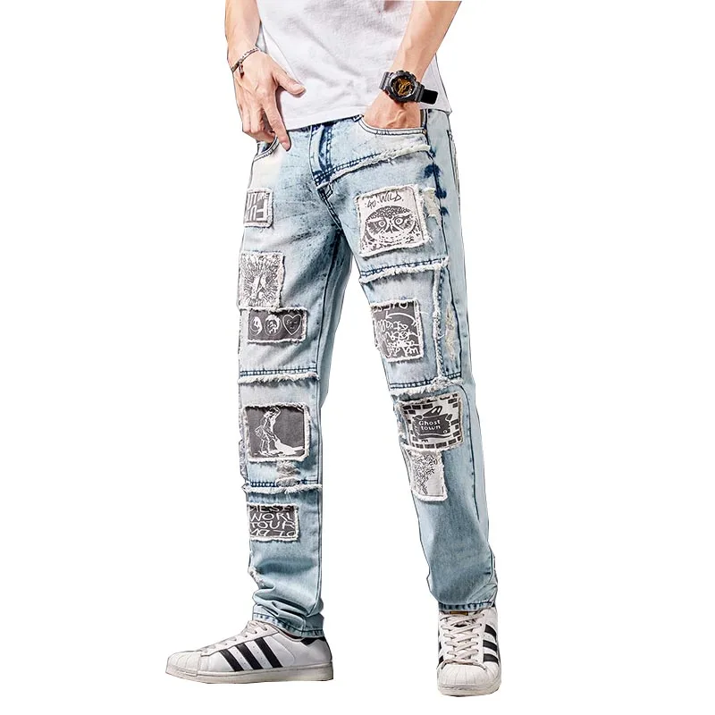 

New Fashion Men Pleated Destroyed Jeans Trousers Washed Patches Biker Denim Pants For Male Streetwear