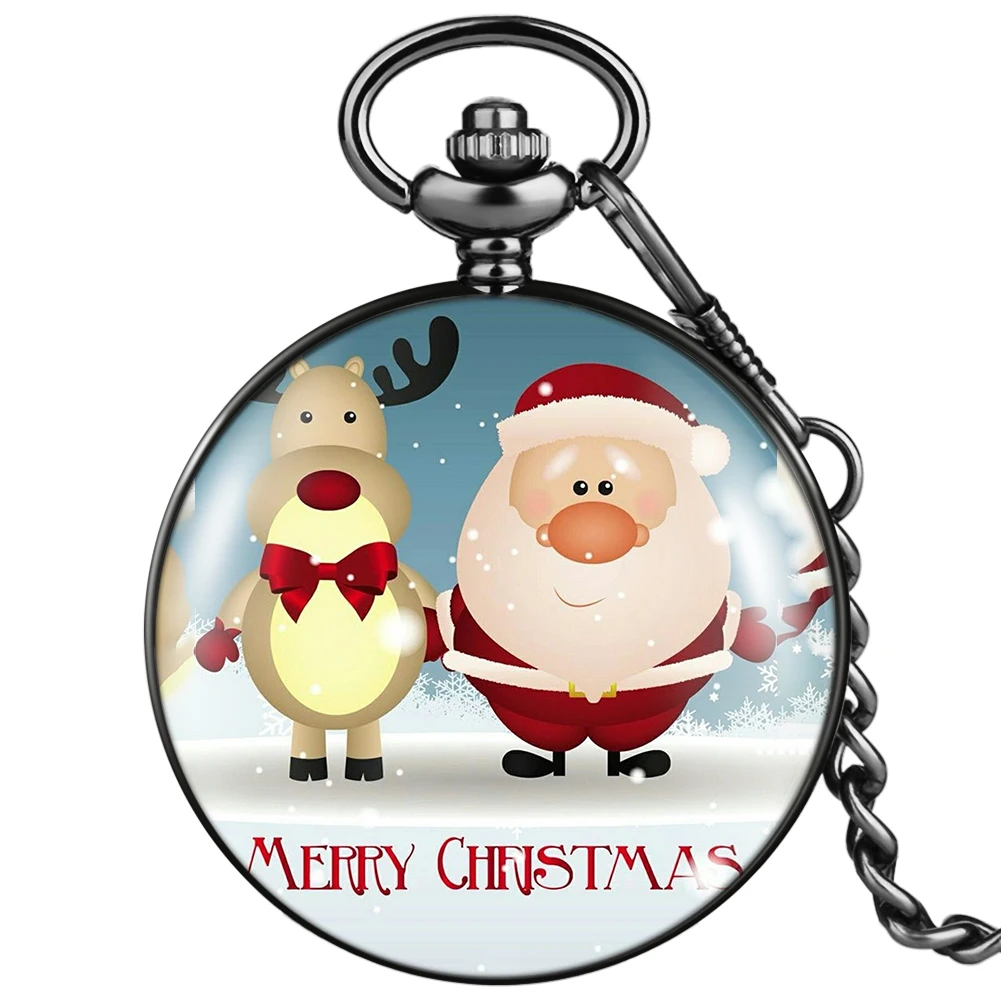 Xmas Themed Lovely Smooth Black Quartz Pocket Watch with Thick Pocket Chain Christmas Gifts for Men Women Kids Chlidren hot one piece anime design quartz pocket watch cool pirate skull shape necklace chain for men women boys kids christmas gifts