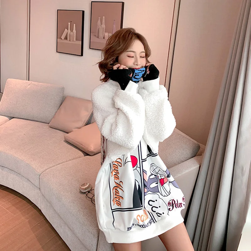 2019 зимние модные толстовки с мультяшным принтом бархатные женские высоким