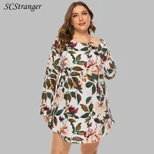 Plus Size Womens Clothing 2021 Plump Girls Dresses Spring And Summer O Neck Printed Loose Casual Long Sleeves Shirt Mini Dress