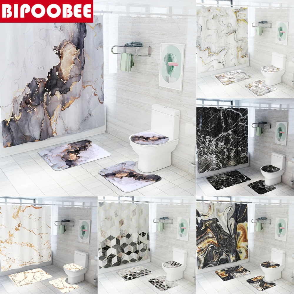 

High Quality Marble Shower Curtain Waterproof Polyester Bathroom Curtain Stone Grain Toilet Lid Cover Bath Mat Anti-slip Carpet