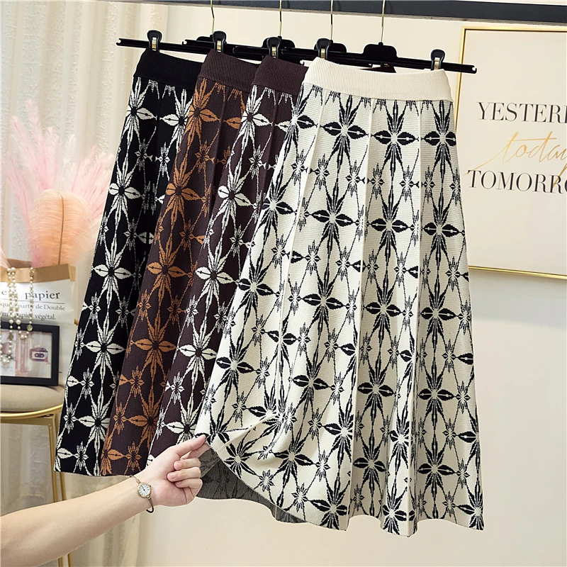 

High Waist Floral Jacquard Pleated Skirt Women 2021 New Autumn and Winter Warm Mid-length Loose A-Line Knit Skirt