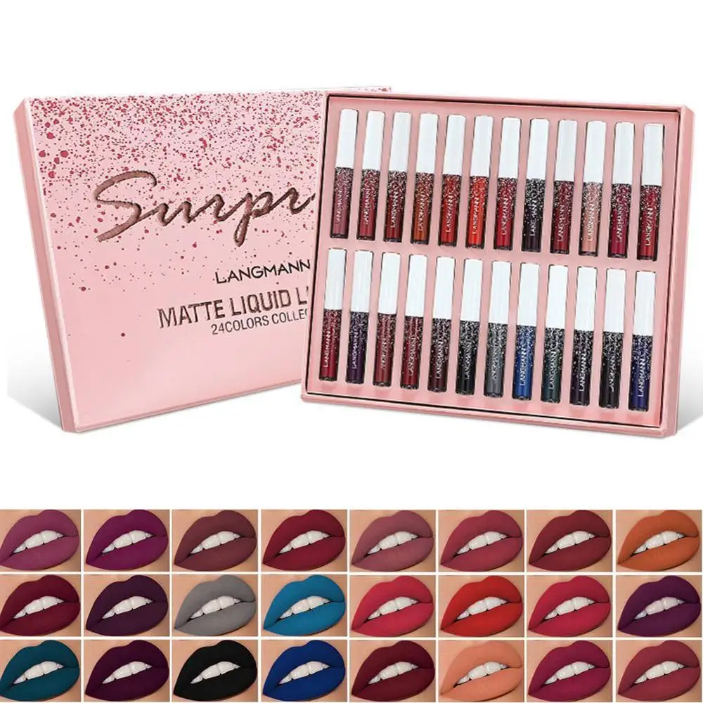 

24 Pcs Matte Lip Glaze Set Lipstick Liquid Lip Gloss Lasting Waterproof Non-stick Cup Nude Gift For Friend Makeup Cosmetic