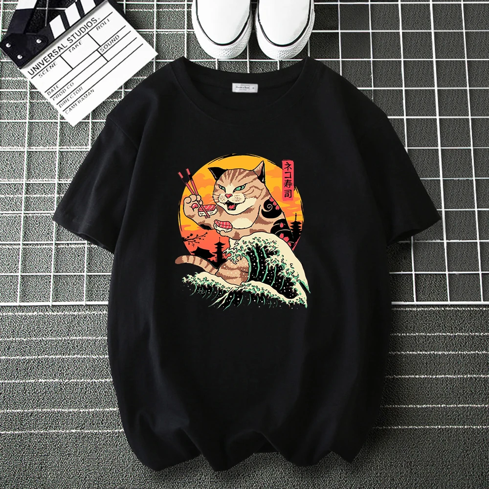

Cat Neko Sushi Wave Anime Fashion T Shirt Tee Shirt for Men Woman Casual Loose Cartoon Tops Male Hip Hop Harajuku T-Shirts