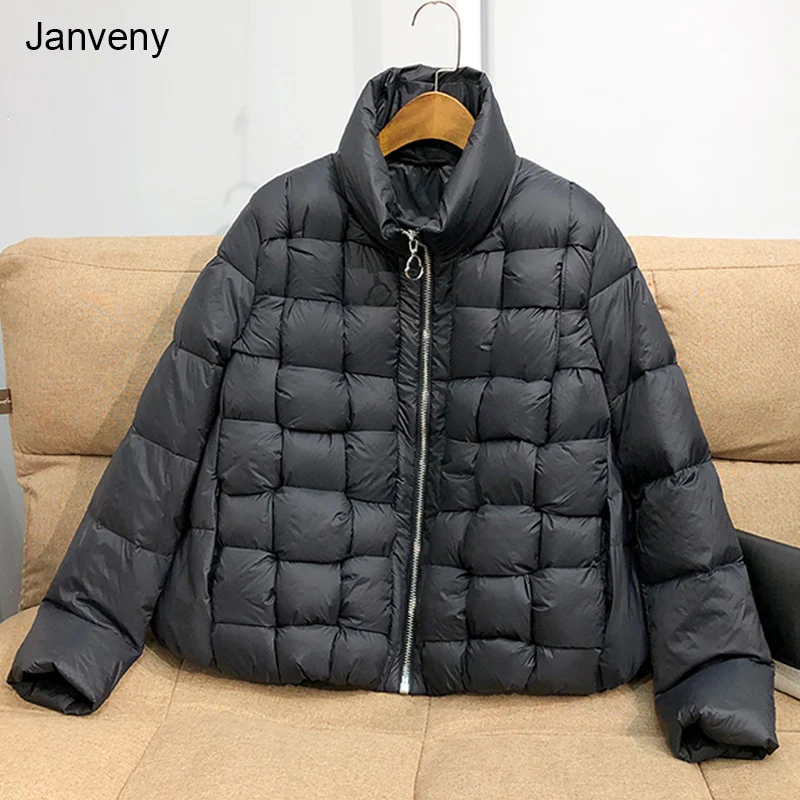 

Janveny Winter Puufer Fluffy Down Coat Women Stand Color THick Warm Female 90% White Duck Down Jacket Short Feather Parkas