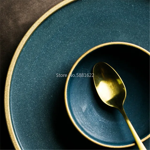 Ceramic Gold Inlay Plates Steak Food Dish Nordic Style Retro Tableware Bowl Dinner Plate Cup High End Dinnerware Set | Дом и сад