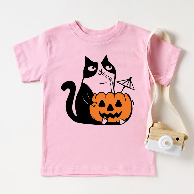 Camiseta de Halloween Kawaii Creepy Cat paz amor oto&ntilde;o PumpkinT-Shit Vintage, ropa para ni&ntilde;a 2022-4