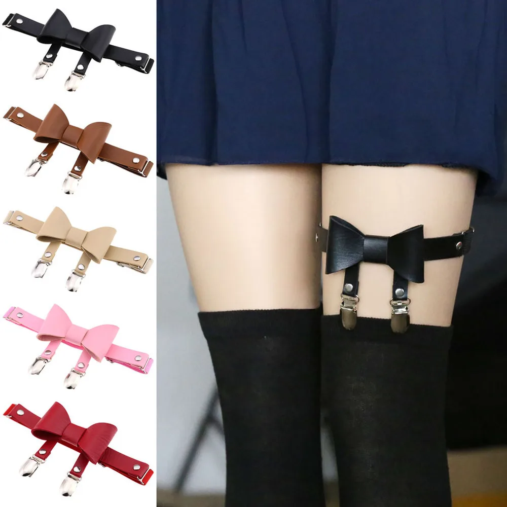 

1 Pc New Elastic Bowknot Sexy Lingerie Wedding Bridal Cosplay Socks Loop Floral Garter Belt Legging Ring Black PU Leather Garter