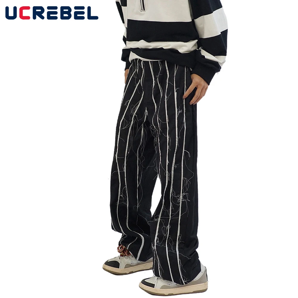 

Striped Raw Edge Wide Leg Pants Mens High Street Vertical Stripes Loose Straight-leg Pants Streetwear Casual Pants Trousers Men
