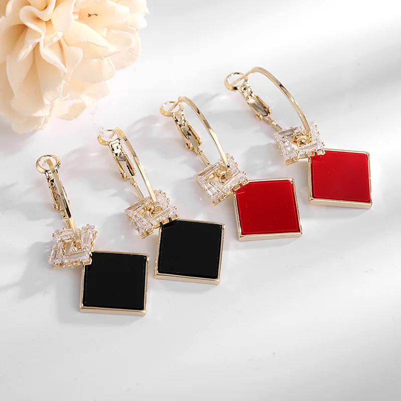 

HUAMI S925 Silver Drop Earrings For Women Korean Fashion Jewelry Black Red Square Real Gold Zircon Gift for Girlfriend Box