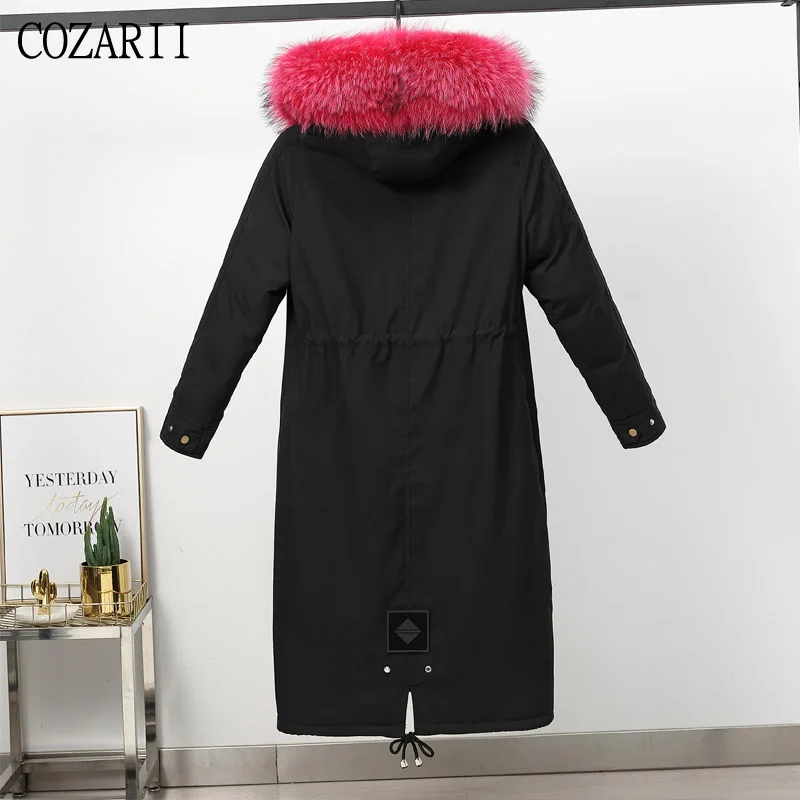 COZARII, новинка, модная однотонная парка с капюшоном, зимняя куртка для женщин, с карманами, на молнии, толстая, с большим меховым воротником, пальто, повседневная верхняя одежда, топы