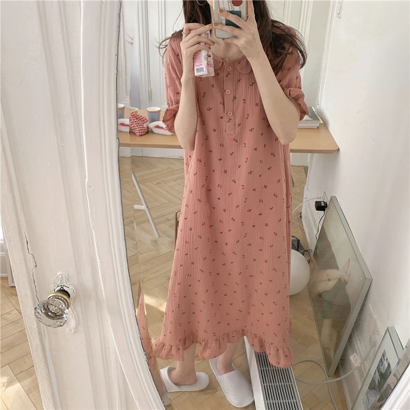 

Alien Kitty 2021 Pink Printed Chic Homewear Summer Loose Hot Florals Sweet Princess Dress Pajamas Cotton Sleepwear Nightdress