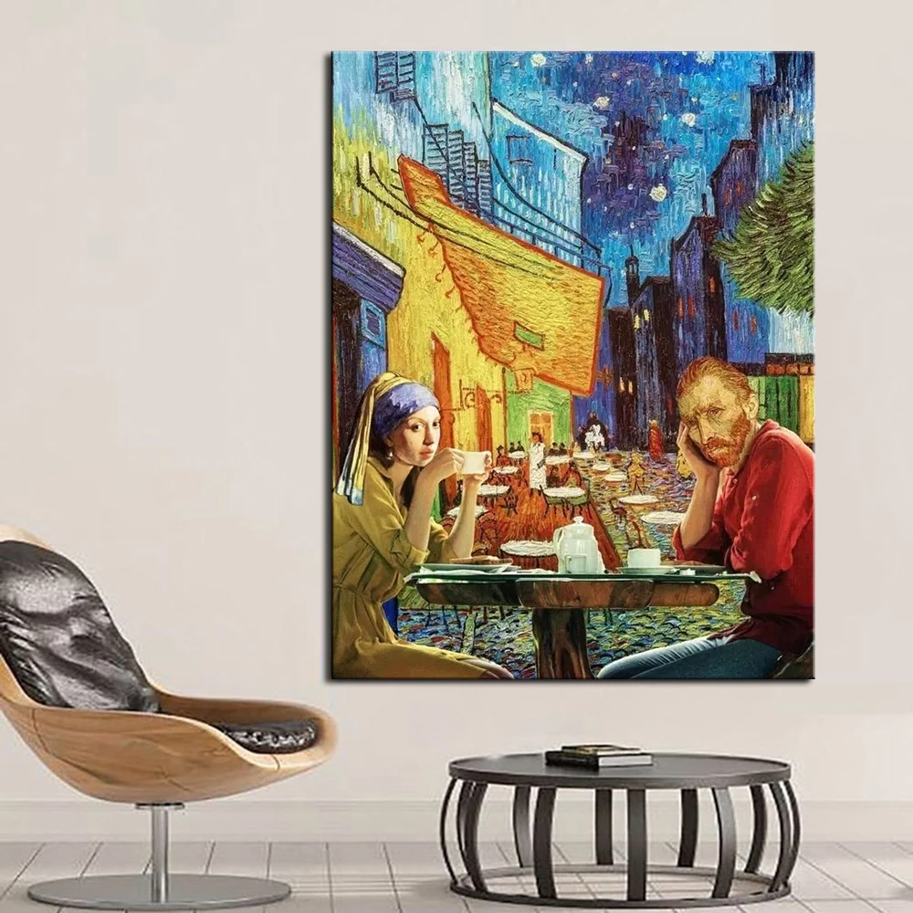 

Creative Painting Van Gogh Mona Lisa Drinking Coffee Funny Posters Prints Canvas Painting Wall Art Picture for Living Room Decor