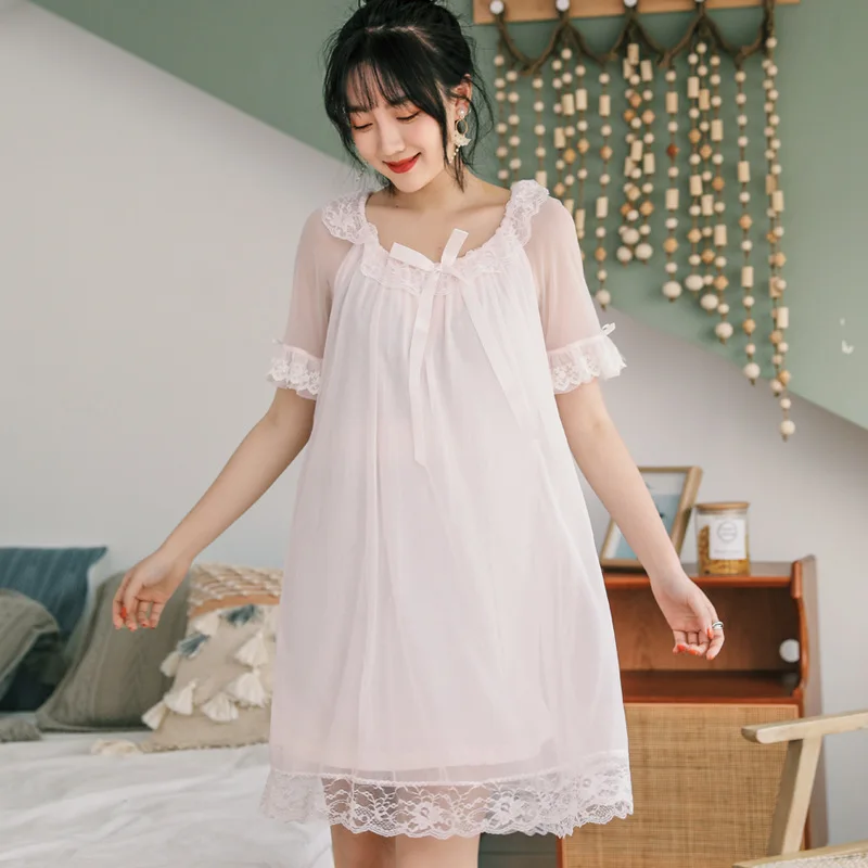 

Summer Short Sleeve Princess Nightgown Cute Bow Lady Sleepwear Pink Sleeping Dress Lace Sleepshirts Night Wear Sexy Sleep Dress