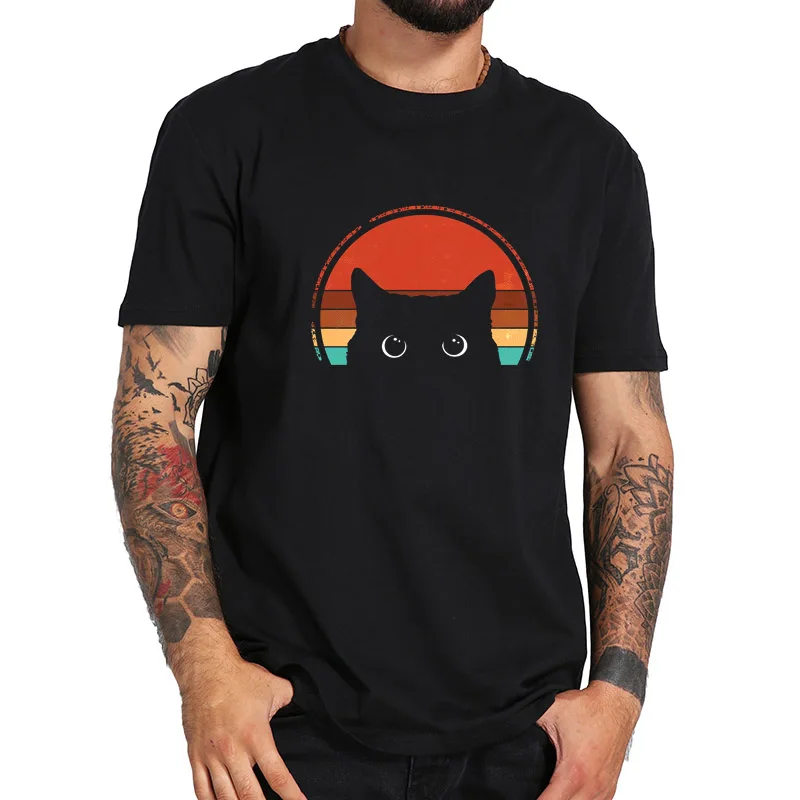 

Black Cat Peeking Sunset T Shirt Digital Print Funny Novelty T Shirt EU Size Pure Cotton Breathable Tee Tops