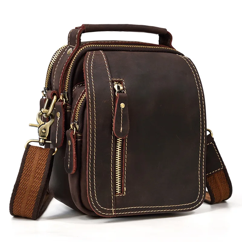 Men's leather belt bag natural leather retro messenger bag cowhide shoulder bag with belt hanging bag small satchel