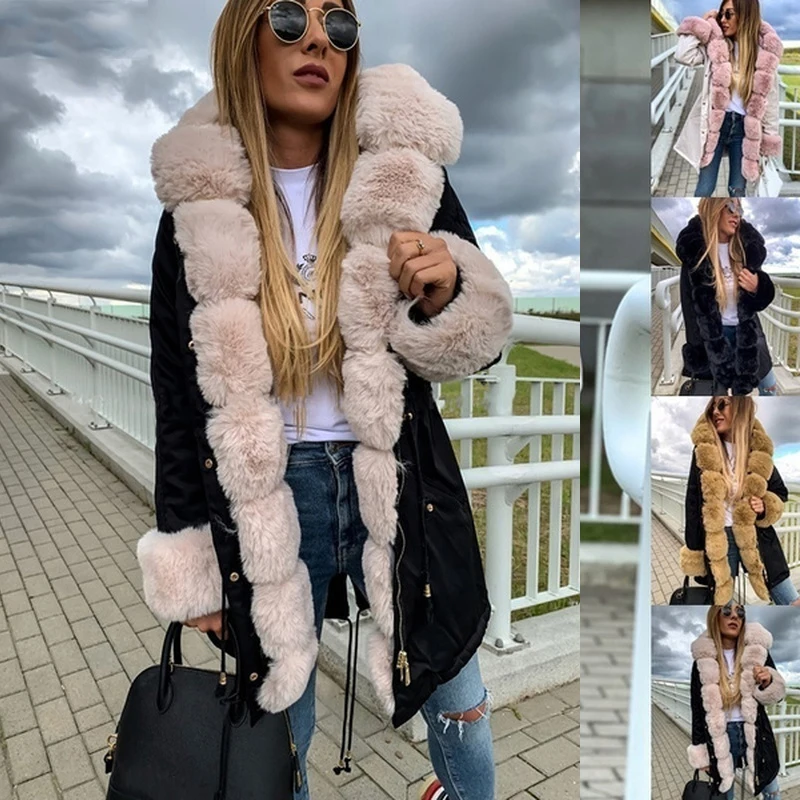 

Женская зимняя куртка средней длины, однотонная теплая парка с капюшоном и воротником из искусственного меха, новинка 2022