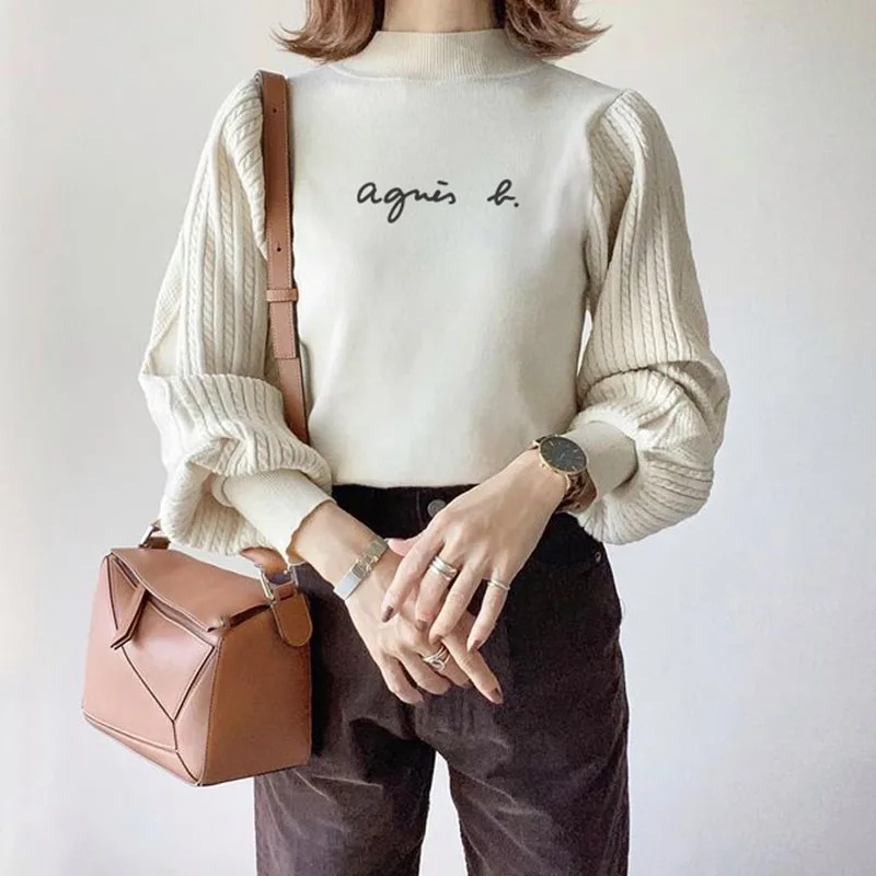 Women's Sweater Fashion Turtleneck Patchwork Letter Print Pullover Casual Knitted Tops Korean Japan Style Autumn Winter Knitwear