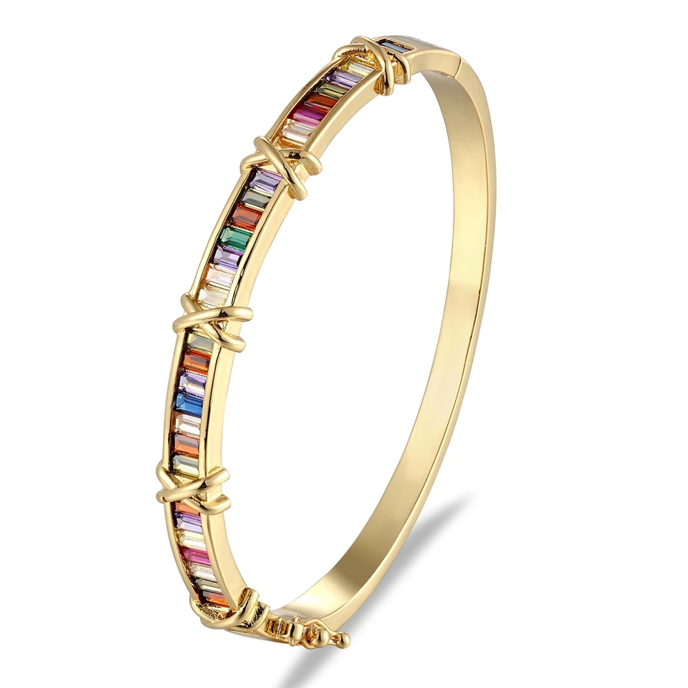 Brazalete de circonia cúbica para mujer, pulsera de cobre con hebilla de Clip, cristal, arcoíris, joyería, novedad de 2020