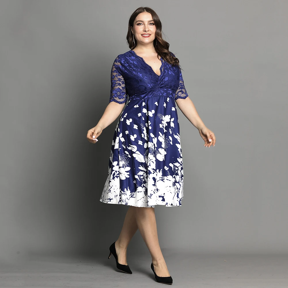 

6XL Plus Size Knee Length Party Cocktail Party Dress Women Floral Print Half Sleeve Sexy Beach Ladies Large Size Dress D30