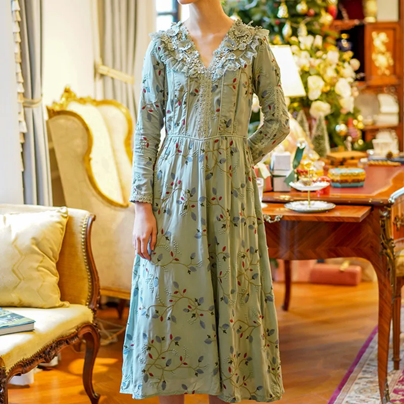 Летнее женское винтажное элегантное серое синее платье из 100% хлопка с вышивкой в