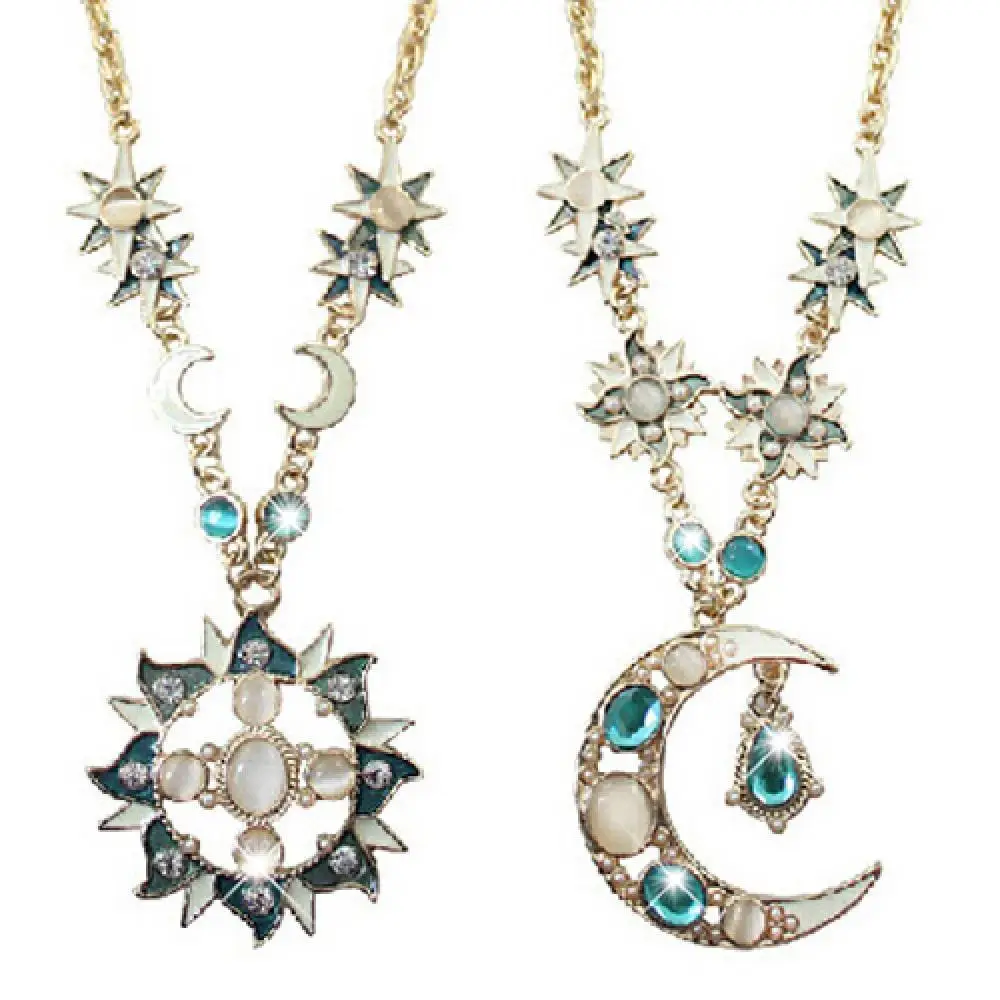 

Women Mystic Rhinestone Sun Moon Pendant Long Chain Sweater Necklace Jewelry Fashion Jewelry Necklace