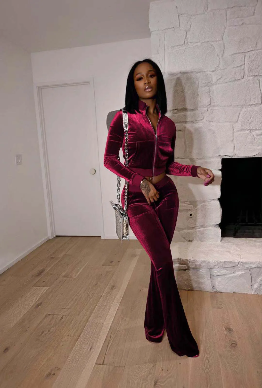 Модный однотонный Велюровый комплект из двух предметов женский простой