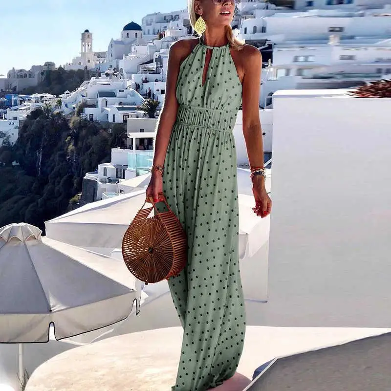 

Casual Boho Floral Print Long Party Dress Women Elegant Halter Sleeveless Maxi Dress 2021 Summer Backless Hollow Out Dresses 2XL