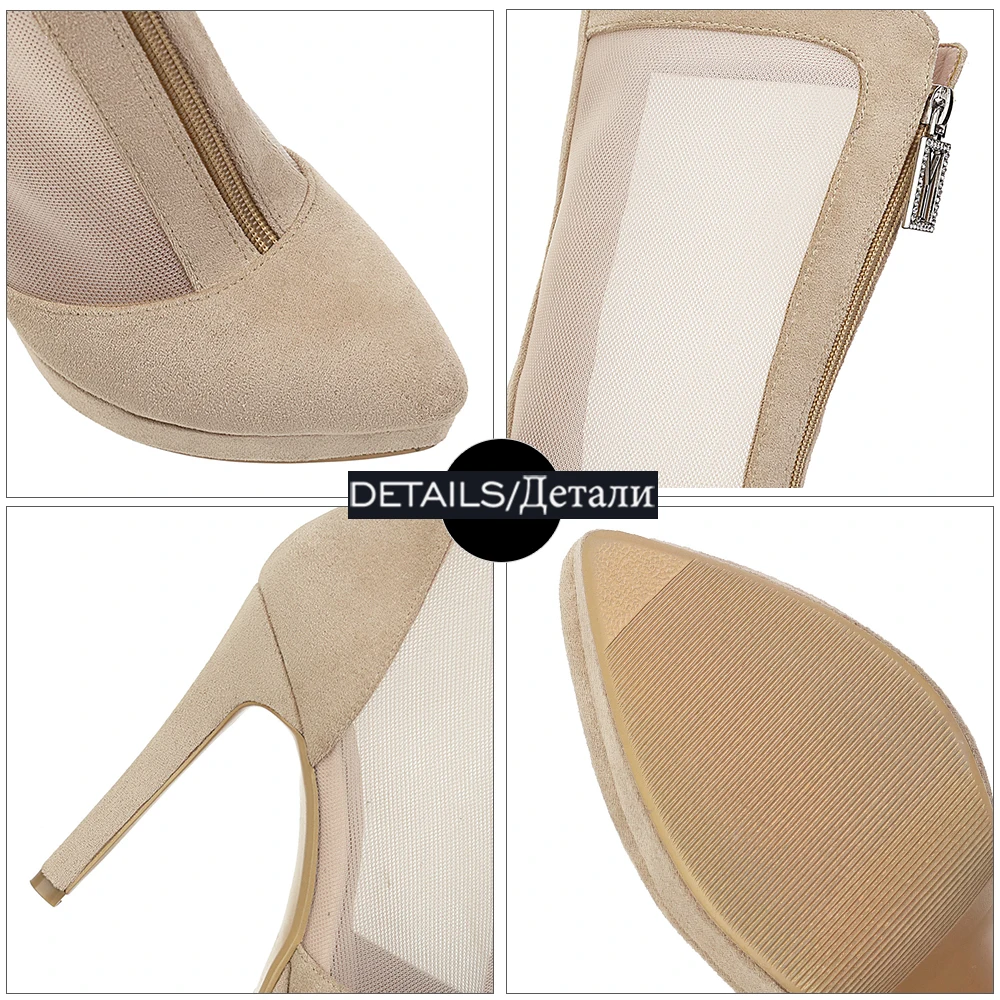 

ISNOM Sexy Women Mesh Boots Thin High Heels Shoes Woman Stiletto Ankle Boots Platform Front Zipper Booties Ladies Big Size