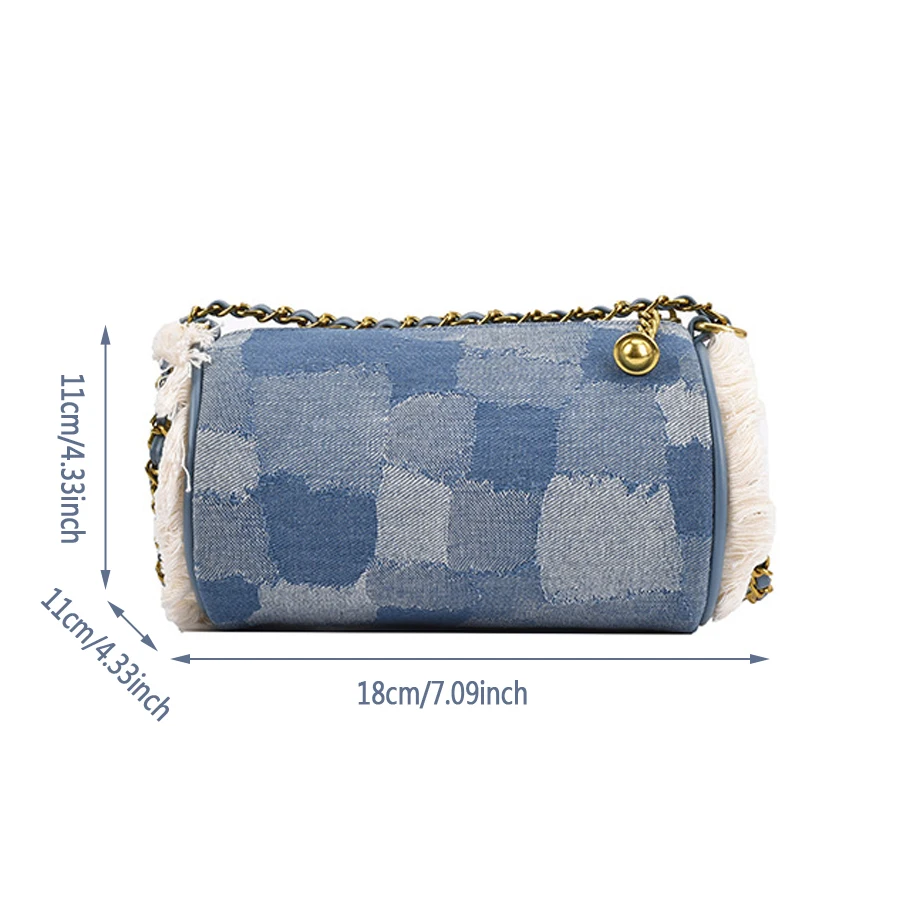 

Fashion Denim Cylinder Bag Ladies Chain Shoulder Bags Female Splicing Messenger Bags Summer Mini Women Handbag Denim Purses 2021