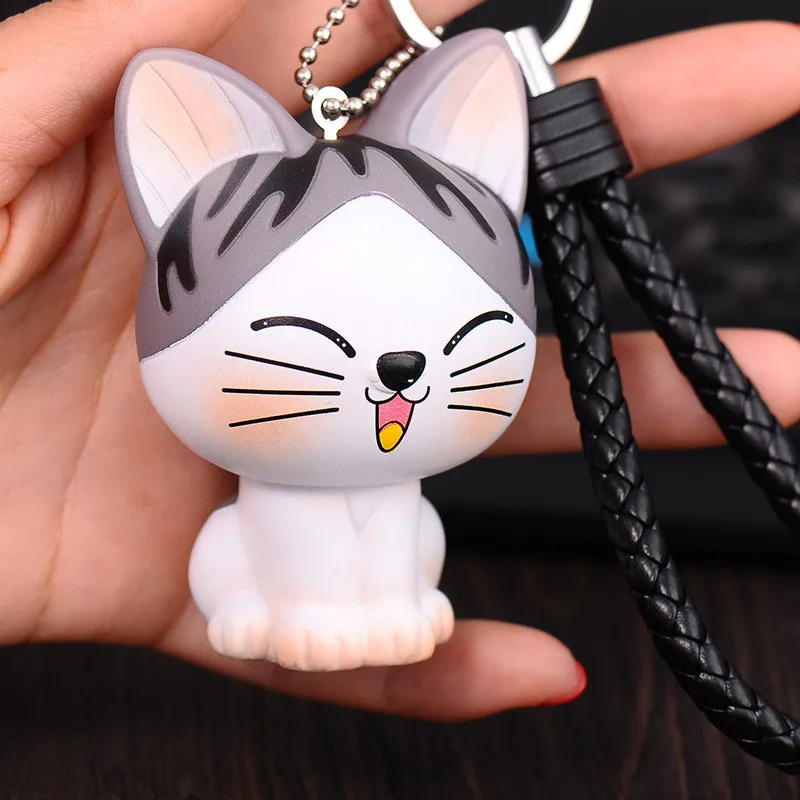 

Cute Squint Cartoon Cat Key Chain For Women Girls Car Bag Double Color Bell Key Ring Jewelry Accessory Gifts