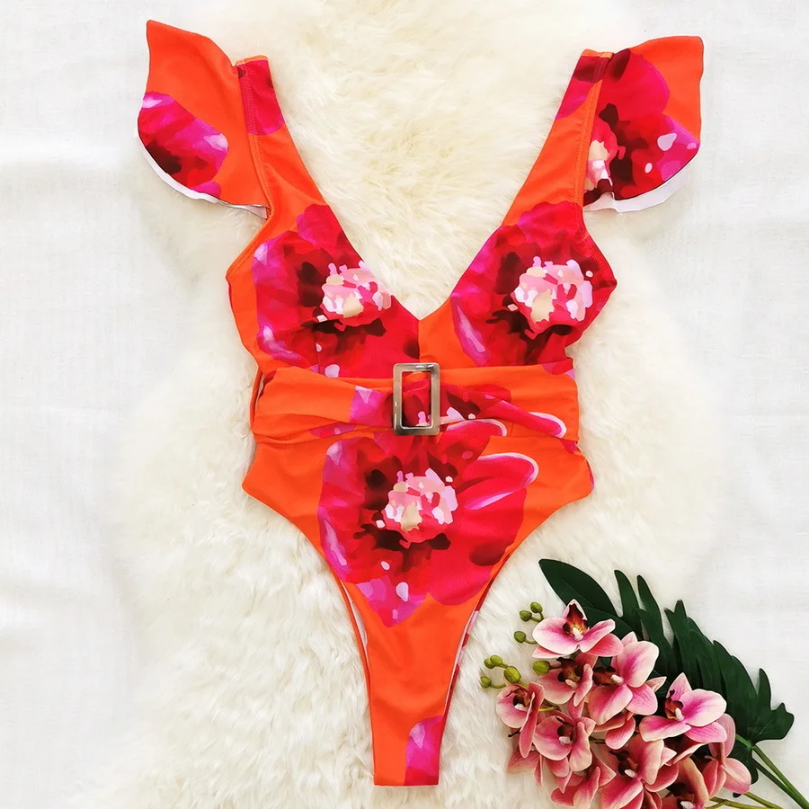 

2021 Summer Print Swimwear for Women Backless Swimsuit One Piece Swimsuit Beachwear High Waist Ruffle Bathing Suit Monokini