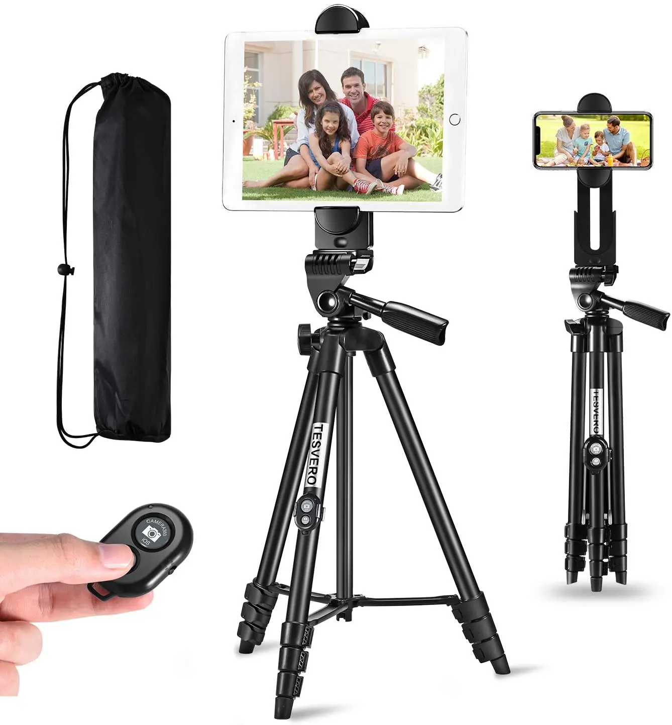 

iPad Tripod,TESVERO 55" Extendable Aluminum Alloy Camera Tripod Stand with Cell Phone/Tablet Holder, Remote Shutter, Compatible