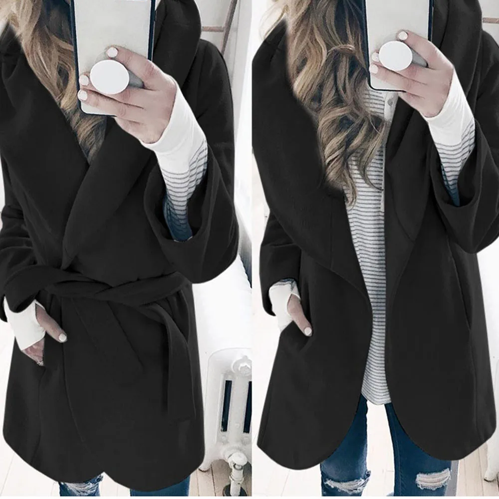 Женское зимнее шерстяное пальто с отворотом Свободный плащ на пуговицах верхняя