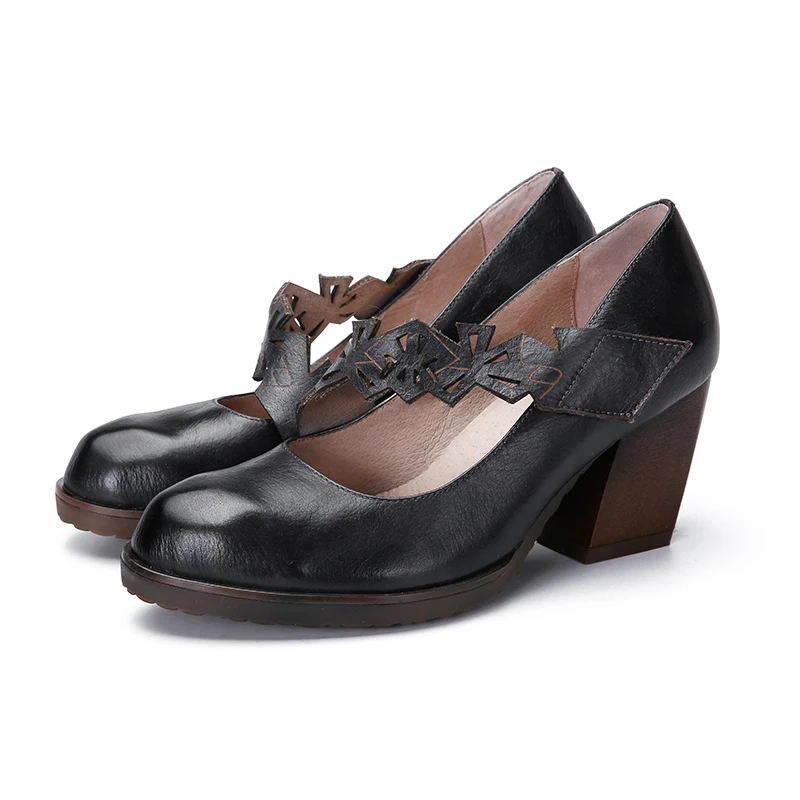 

VALLU 2019 Women High Heel Shoes Handmade Vintage Genuine Leather Women Pumps Platform Ankle Strap Thick Heels Women Shoes