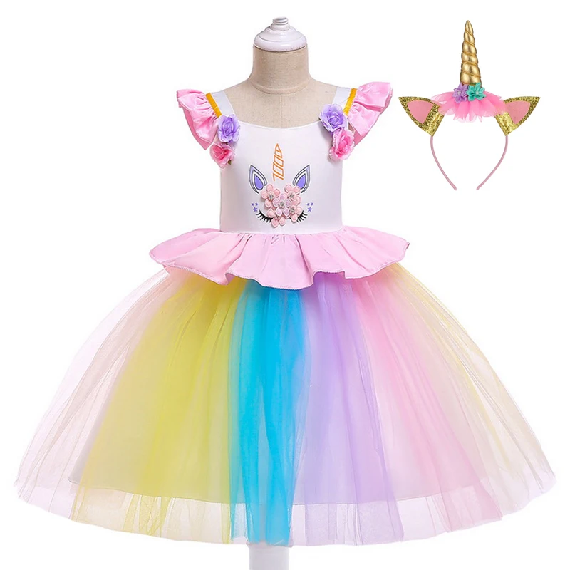 Детский костюм для косплея с единорогом платье пачка радужными цветами девочек