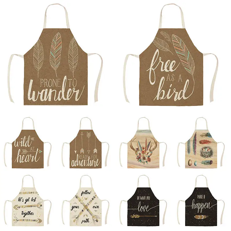 

Linen Arrow Feather Print Kitchen Aprons Unisex Dinner Party Cooking Bib Funny Pinafore Cleaning Apron for women