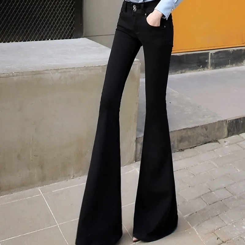 Vintage High Waist Black Autumn Winter Women Flares Pants Slim Fit Full Length Fashion Streetwear Stretch Female Denim Trousers |