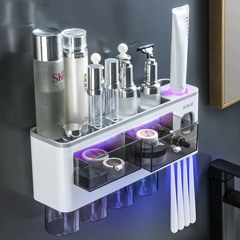 

Bathroom Accessories Sets Strong Viscosity Toothbrush Holder Automatic Toothpaste Dispenser With Cup Organizer Storage Rack